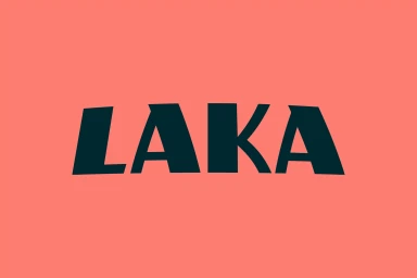 Bold dark lettering spelling Laka centered against a vibrant coral orange background for brand identity