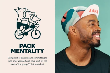 Split view graphic for Laka featuring an illustration of wolves riding a bicycle alongside a smiling man wearing a cycling cap.