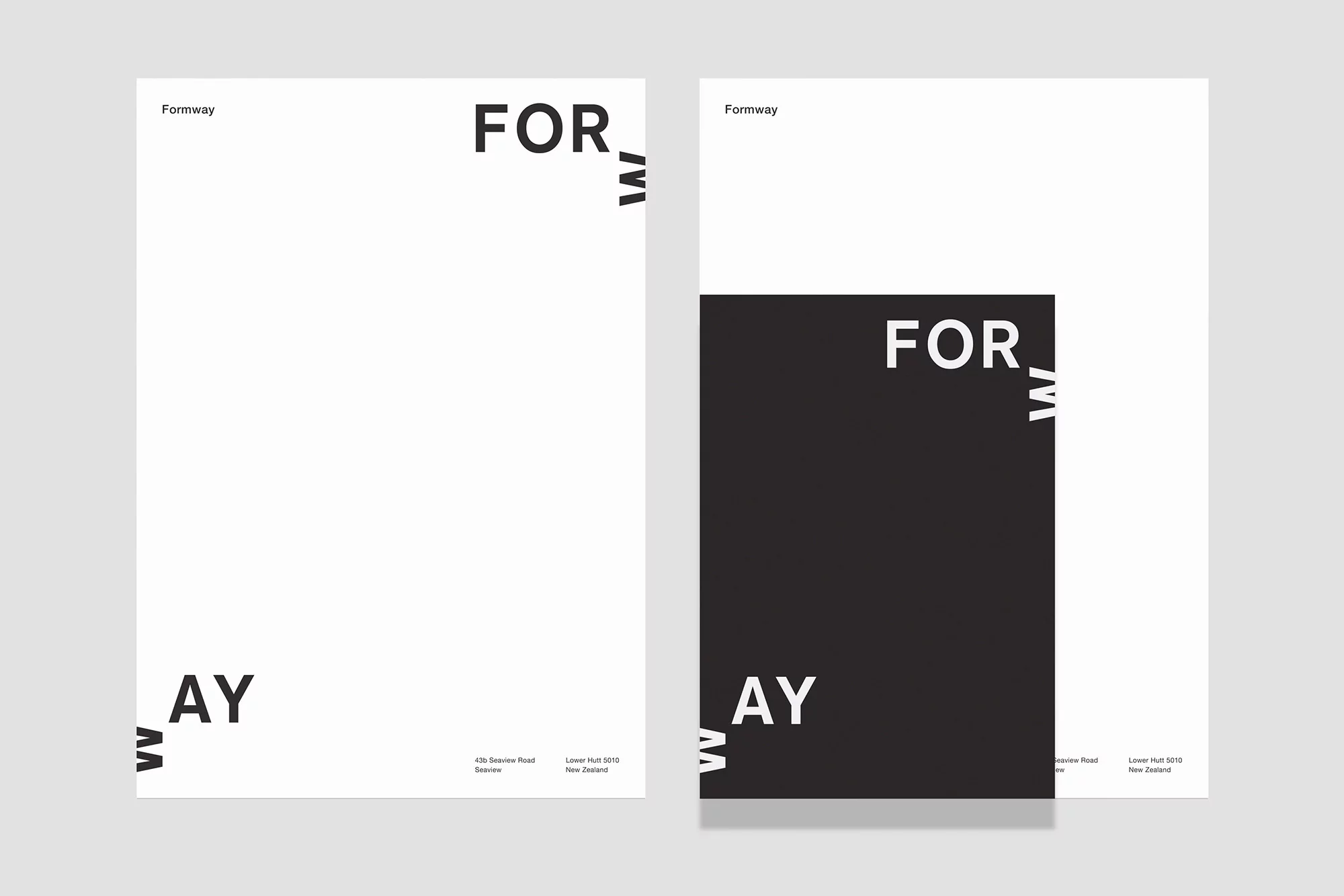 Two minimalist posters feature the brand name 'Formway' with a black and white design, address details, and simple, modern typography.