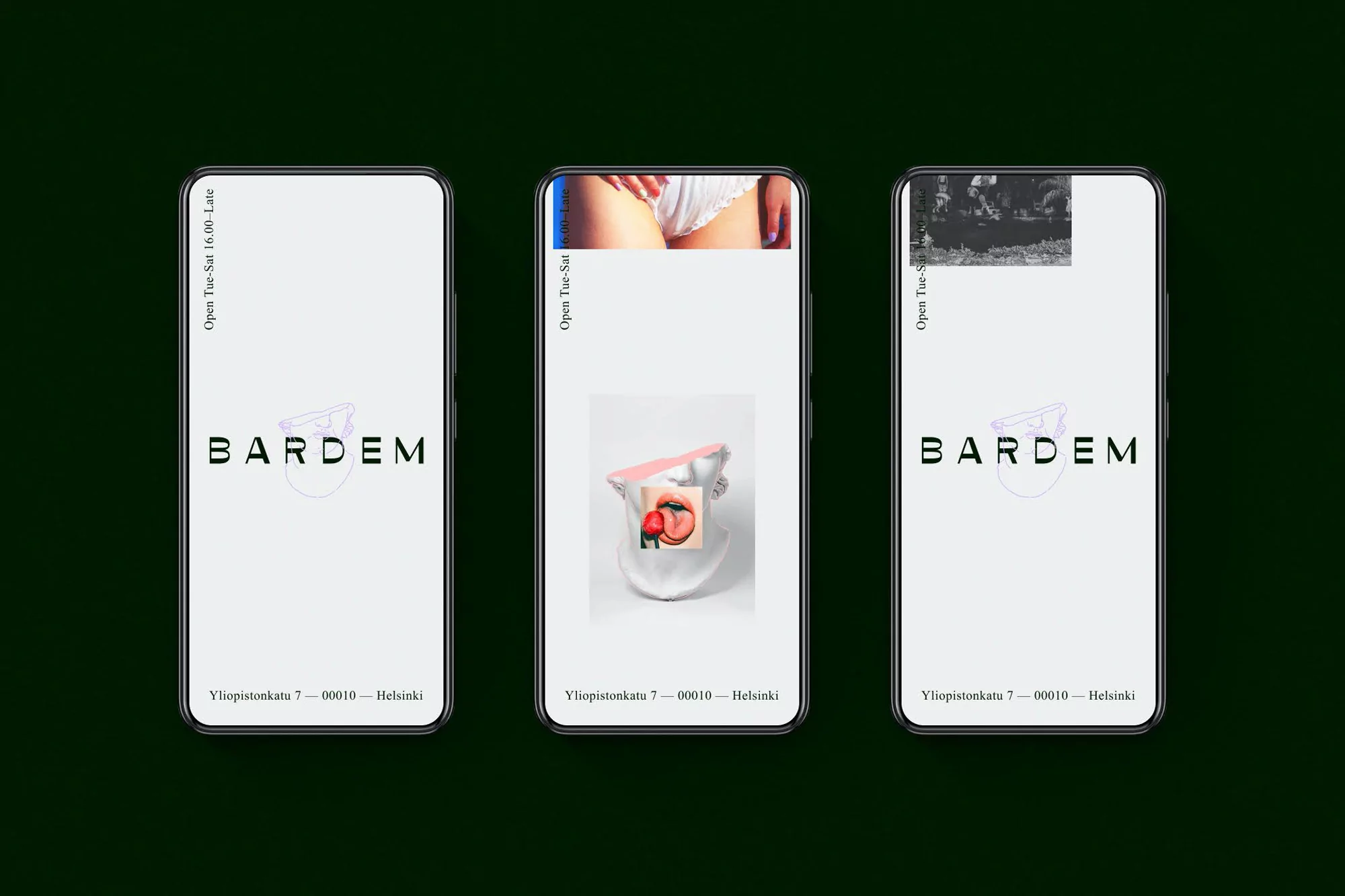 Three phones display a gallery advertisement with the brand 'BARDEM' and images including lingerie and a sculpture of a mouth with an image.