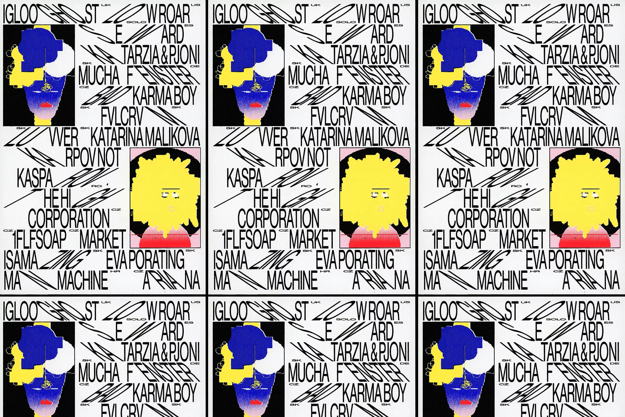 Illustration features repeating collage pattern of stylized portraits and text, blending pop art and graphic design elements on white.