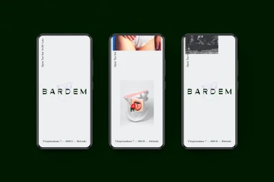 Three smartphones displaying minimalist digital branding with the word Bardem against a solid dark green background