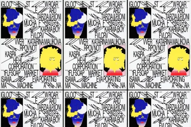 Tiled graphic design poster repeating abstract portraits and dense typography for Photoworks