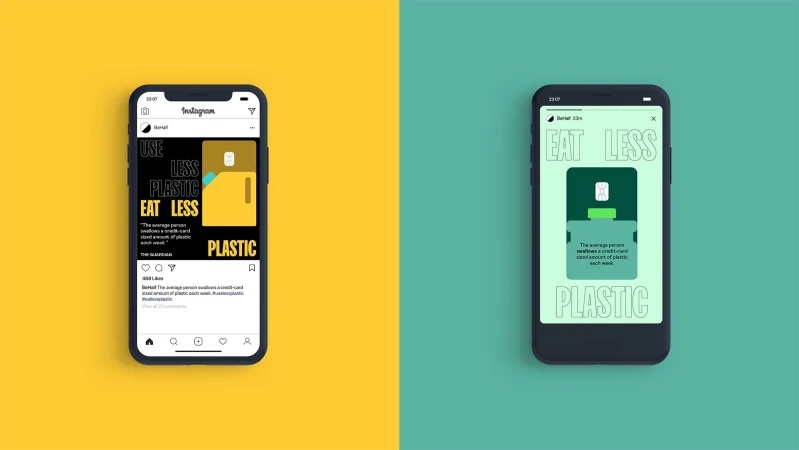 Two smartphone screens display digital ads about reducing plastic consumption on yellow and teal backgrounds, minimal design.
