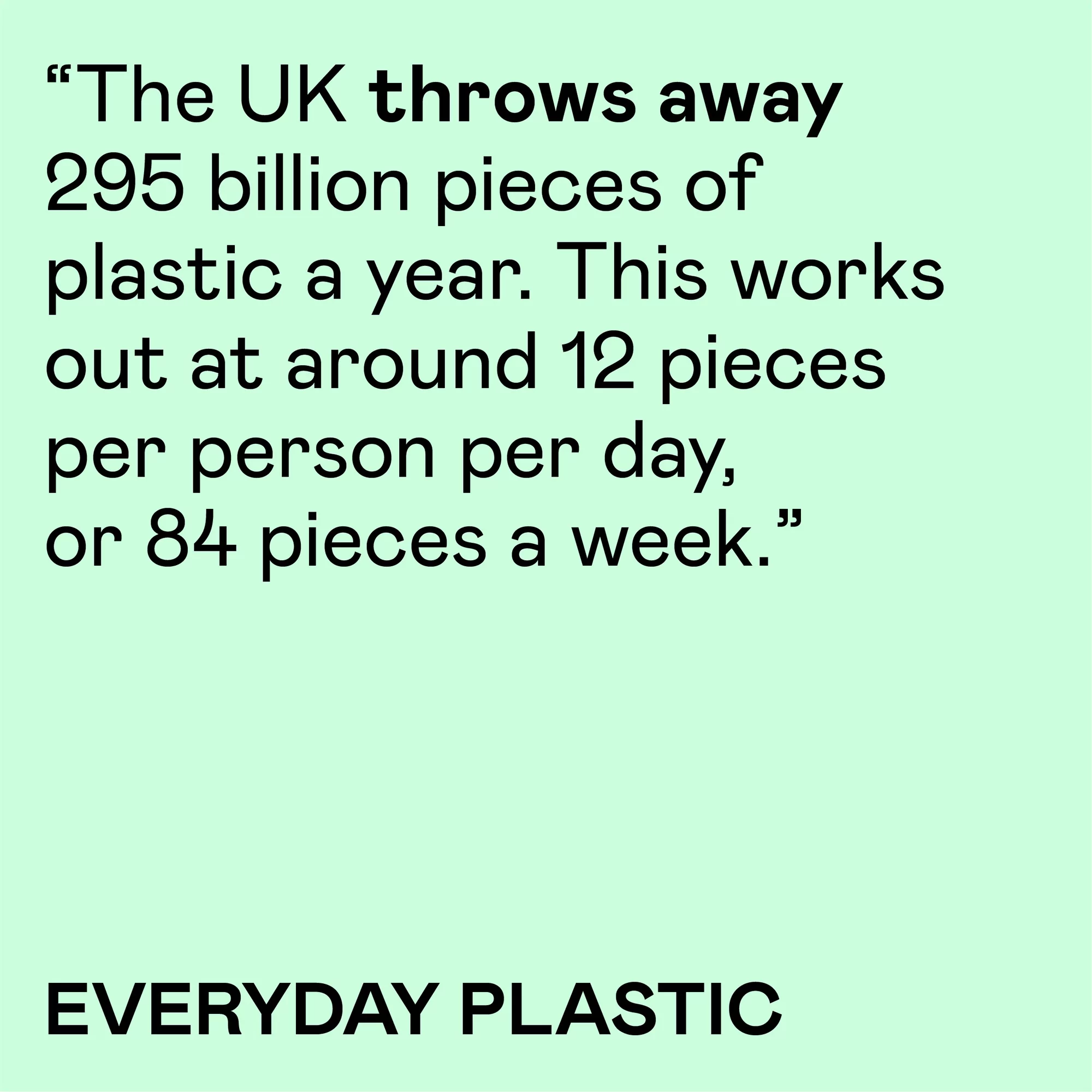 Text on a light green background stating that the UK throws away 295 billion pieces of plastic a year. Everyday plastic.