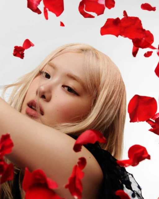Close-up portrait of a woman with blonde hair surrounded by falling red rose petals against a white background in a beauty shot.