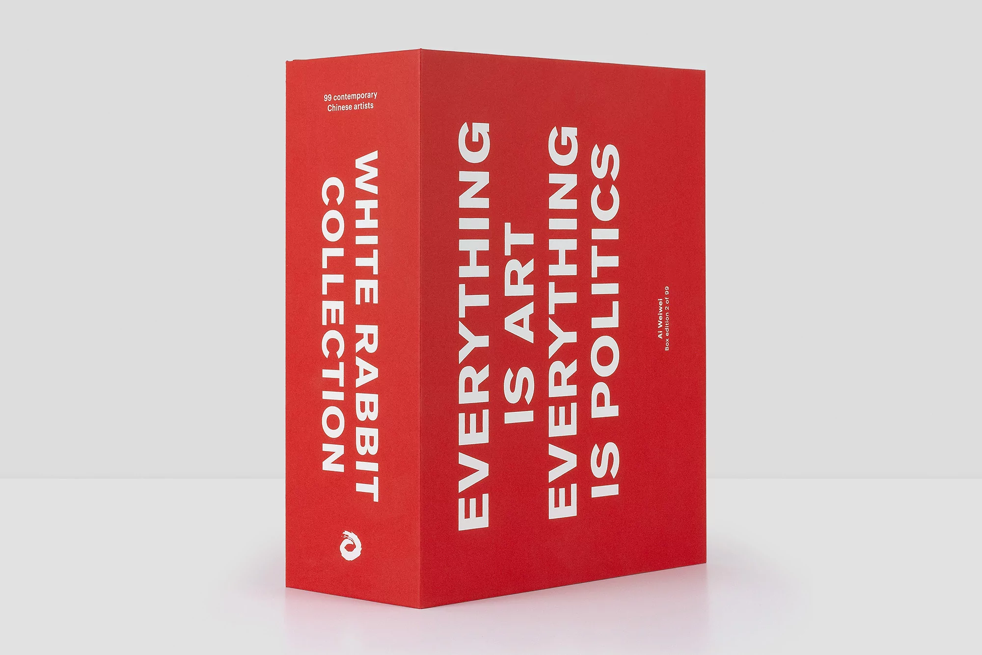 Red box features the White Rabbit Collection with the phrase “Everything is Art, Everything is Politics” in white typeface.