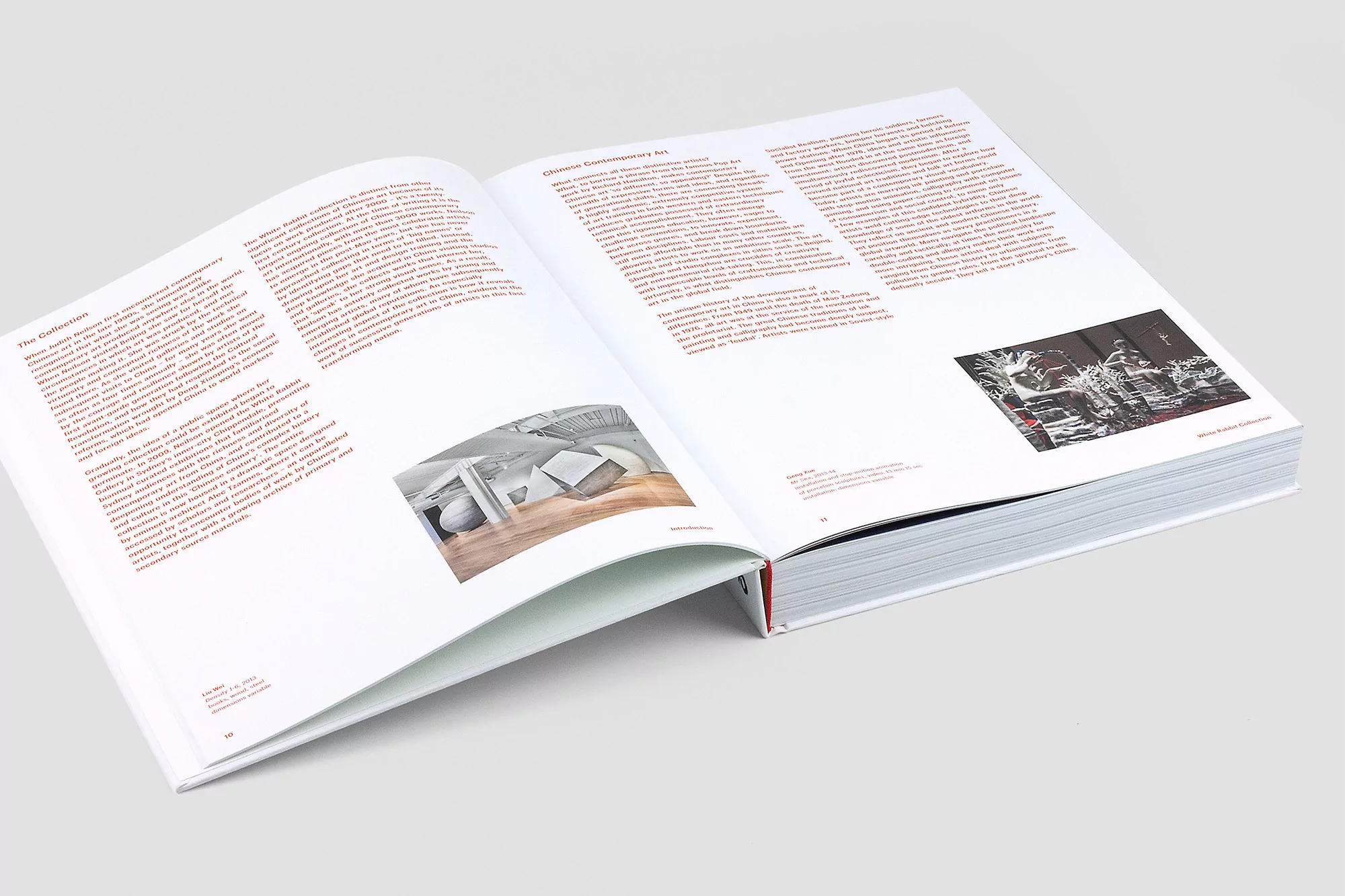 Open book displays art and text on white pages with color pictures. Book has a red spine and gray background.