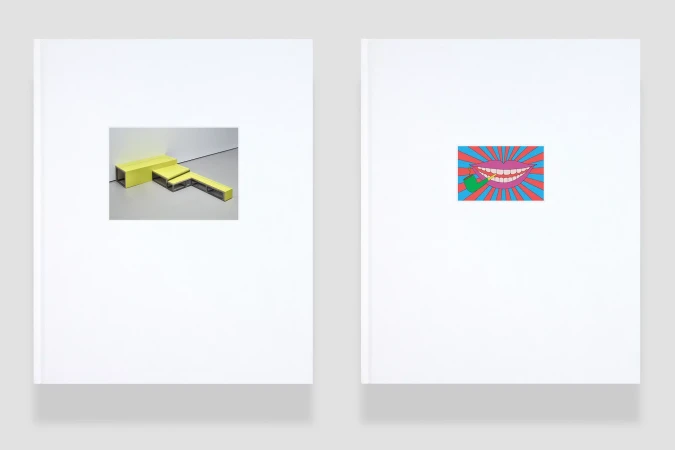 Two white books with graphic design imagery: one shows geometric yellow shapes, and the other shows a pop-art mouth graphic.