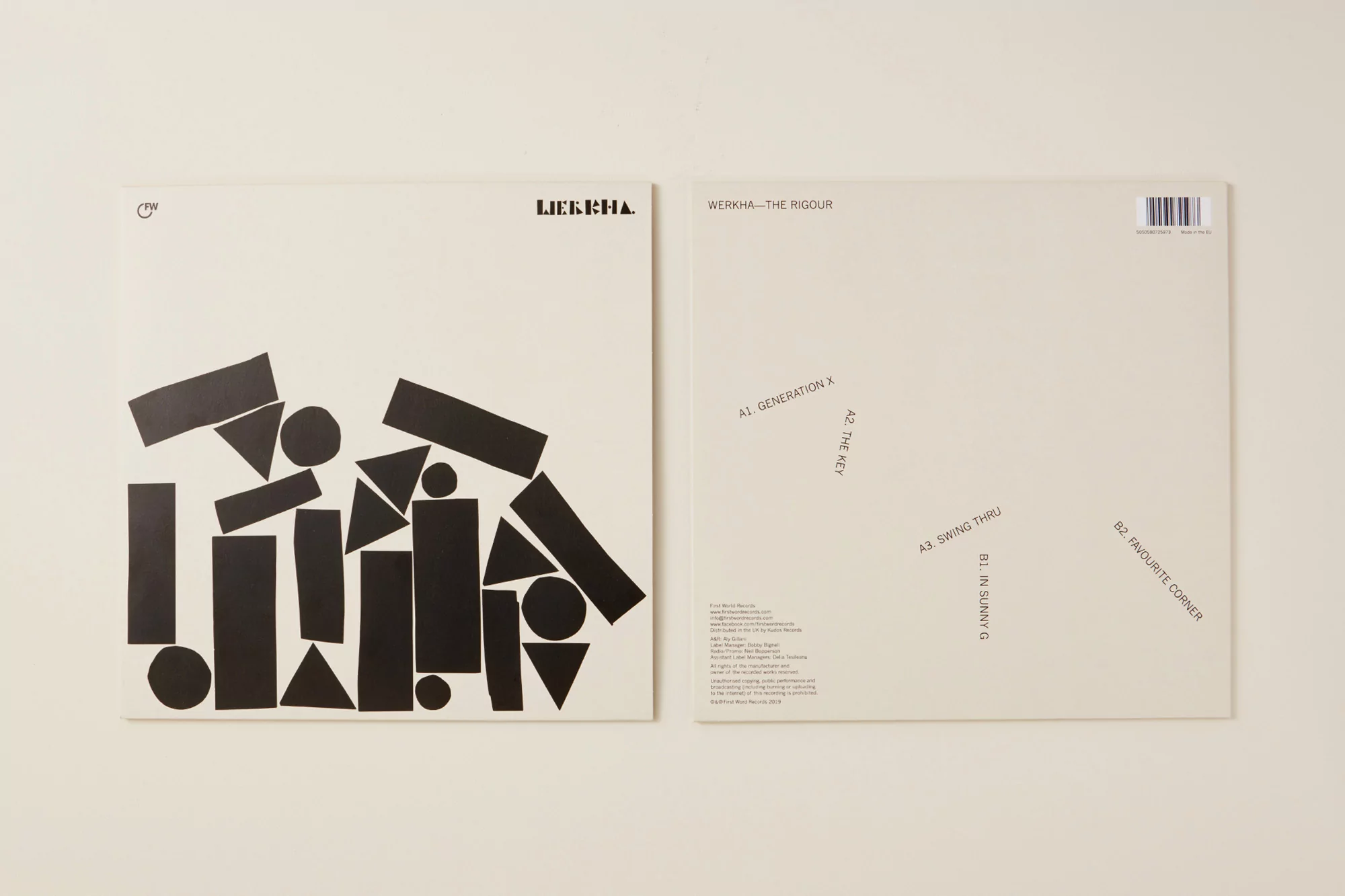 Album cover design with geometric shapes and typography against an off-white background, plus the album track list on the rear cover.
