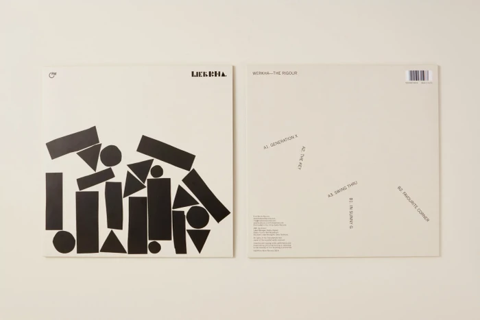 Two cream-colored vinyl record sleeves featuring bold black geometric shapes and minimalist typographic design.