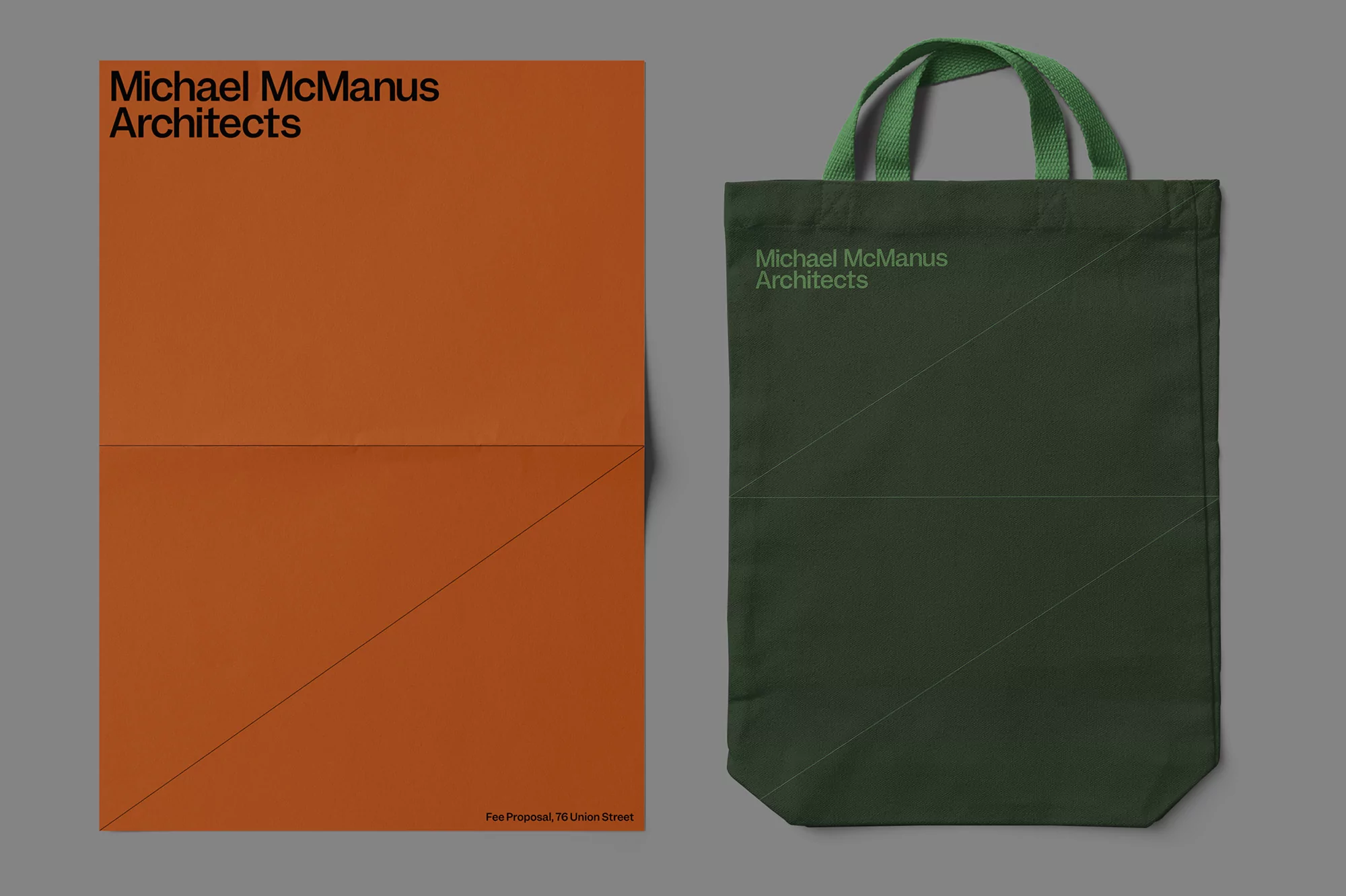 Minimalist design featuring a terracotta poster and a green tote bag, both displaying the same architectural firm's logo and a geometric design.