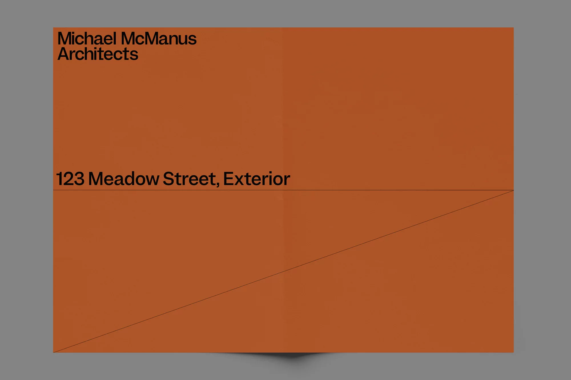 Promotional poster features orange geometric designs and black text for Michael McManus Architects at 123 Meadow Street, Exterior.