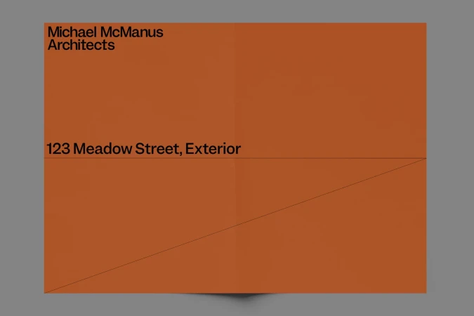 Promotional poster features orange geometric designs and black text for Michael McManus Architects at 123 Meadow Street, Exterior.