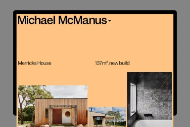 Digital portfolio webpage layout for Michael McManus featuring Merricks House project photography and typography.