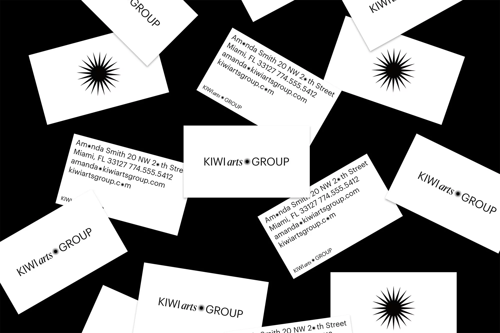 Scattered business cards with 'KIWI arts GROUP' logo on a black background. Contact details visible on several cards. Modern design.