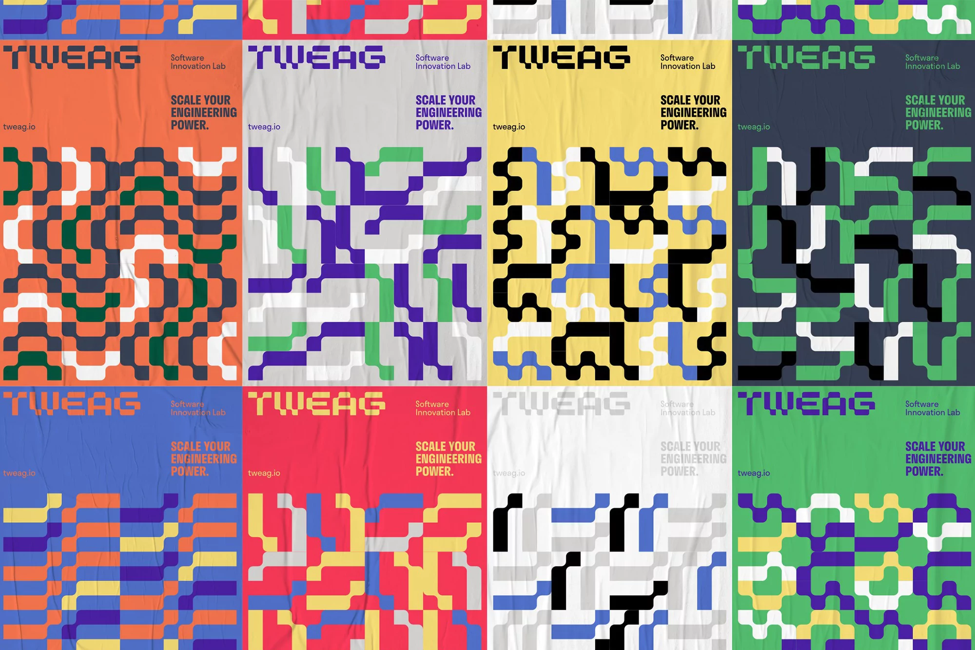 Colorful abstract posters featuring geometric shapes, the word TWEAG, and the phrase SCALE YOUR ENGINEERING POWER in various color schemes.