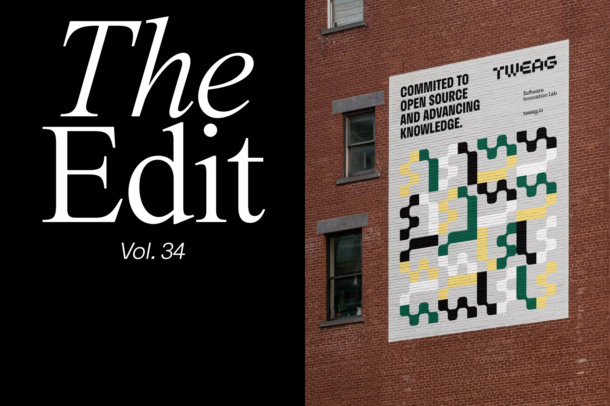 Building exterior with a large geometric mural on the brick wall next to windows; modern typography in the left; architectural image.