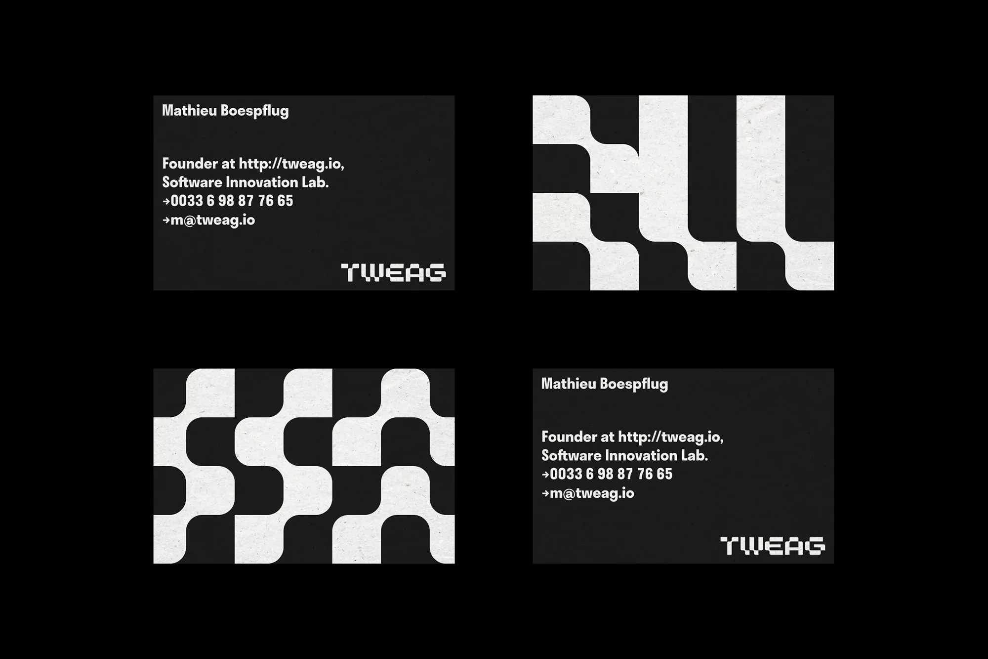 Four business cards in a grid layout: two feature contact details and the company logo; two display a black-and-white geometric pattern.