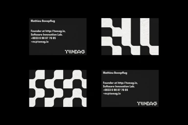 Monochrome business cards and abstract graphic patterns featuring black and white branding for Tweag.