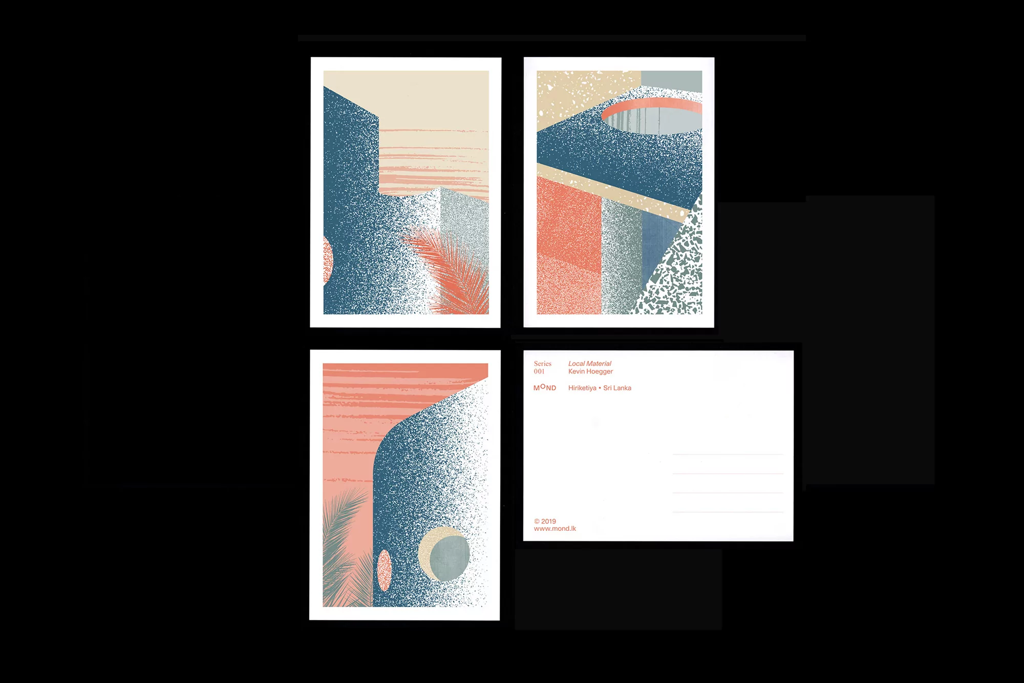 Abstract architectural illustrations in coral, beige, and teal featuring buildings and palm fronds, set against a black background.