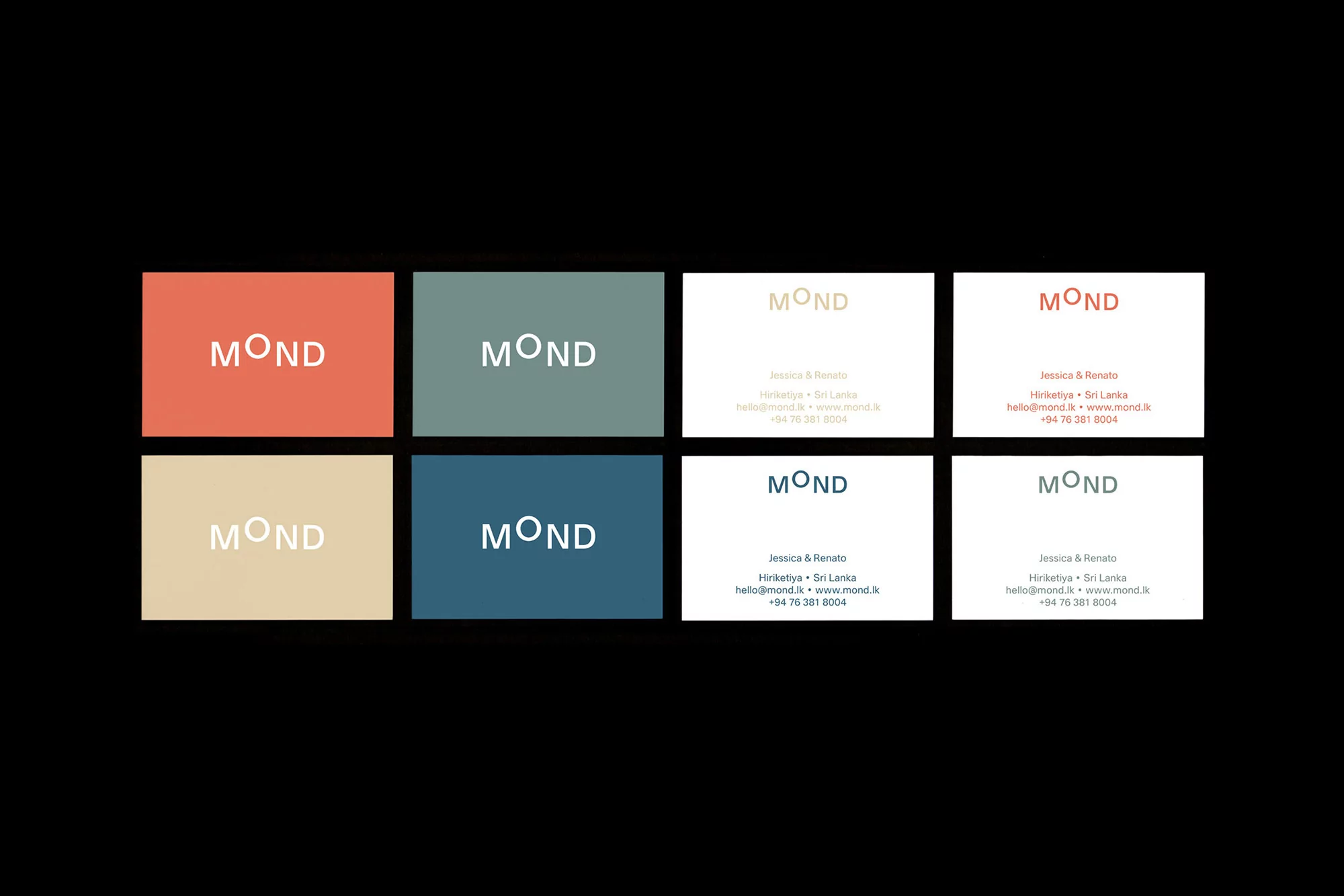 Graphic design featuring Mond business cards in coral, sage, beige, and teal tones against a dark background.