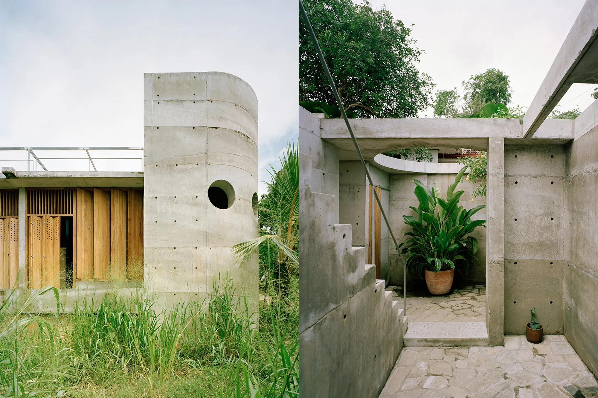 Exterior view of a modern concrete and wood house with lush greenery, showcasing architectural design and integration with nature.