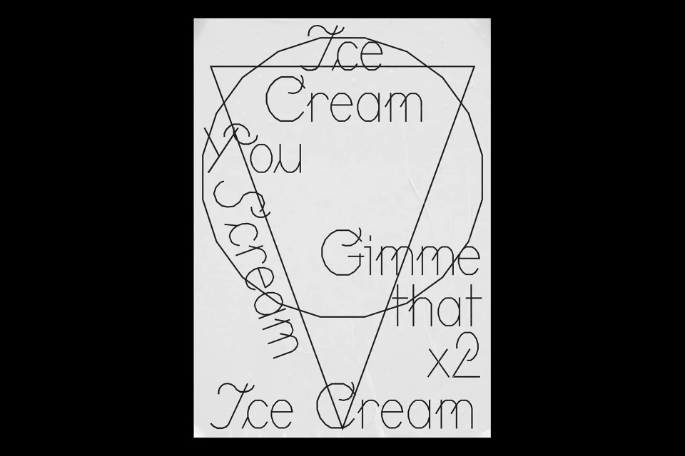 Graphic art featuring the text 'Ice Cream' and 'I scream, you scream,' arranged in an ice cream cone shape on a white background.
