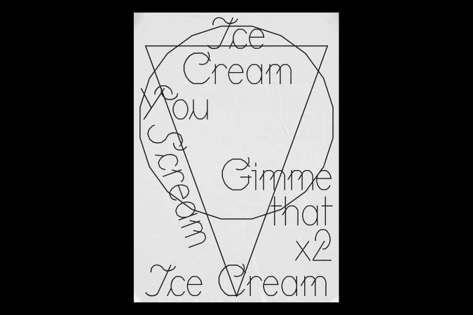 Graphic art featuring the text 'Ice Cream' and 'I scream, you scream,' arranged in an ice cream cone shape on a white background.
