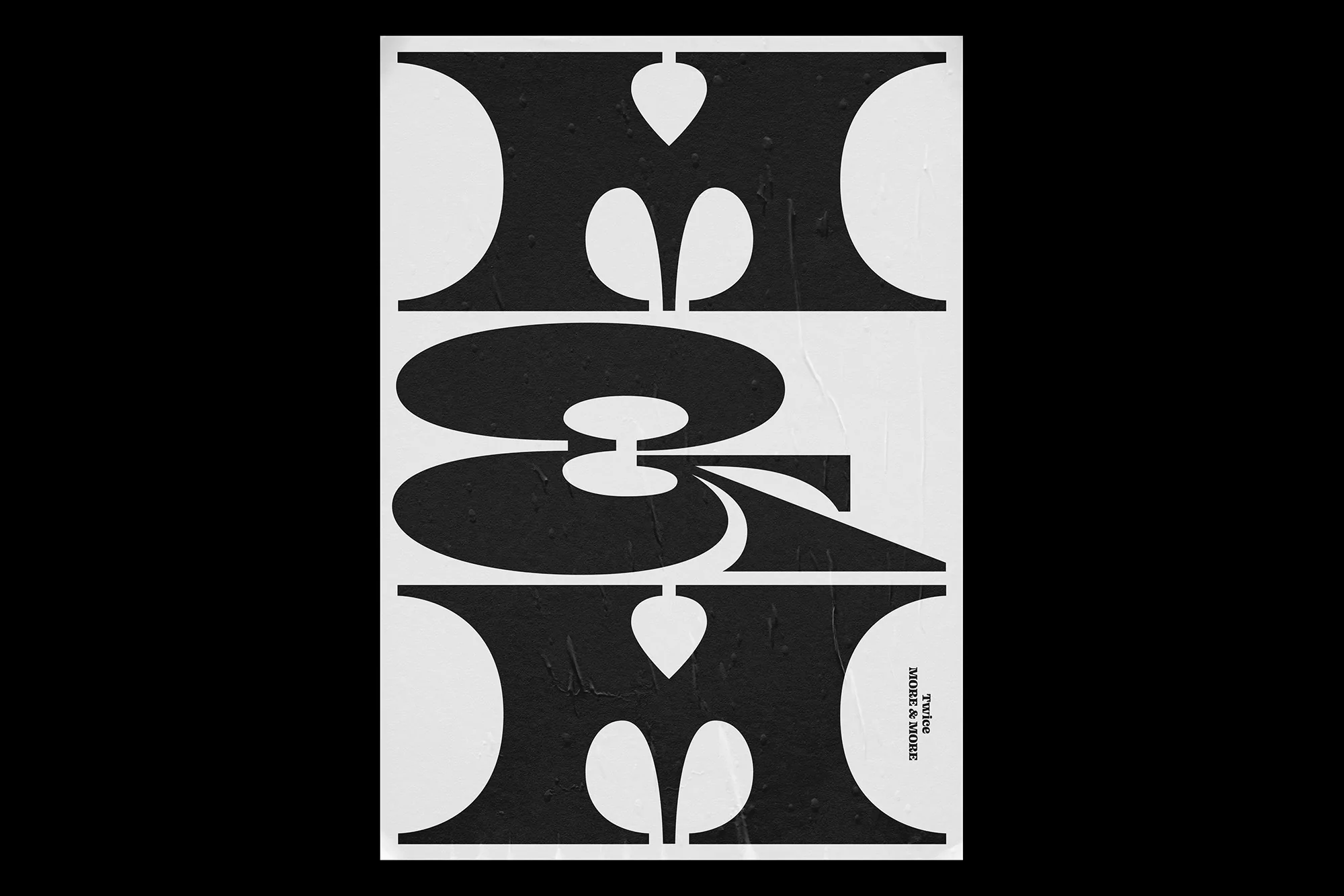 Graphic art featuring abstract black and white typography in a vertical composition with high contrast, poster-like texture, and bold forms.