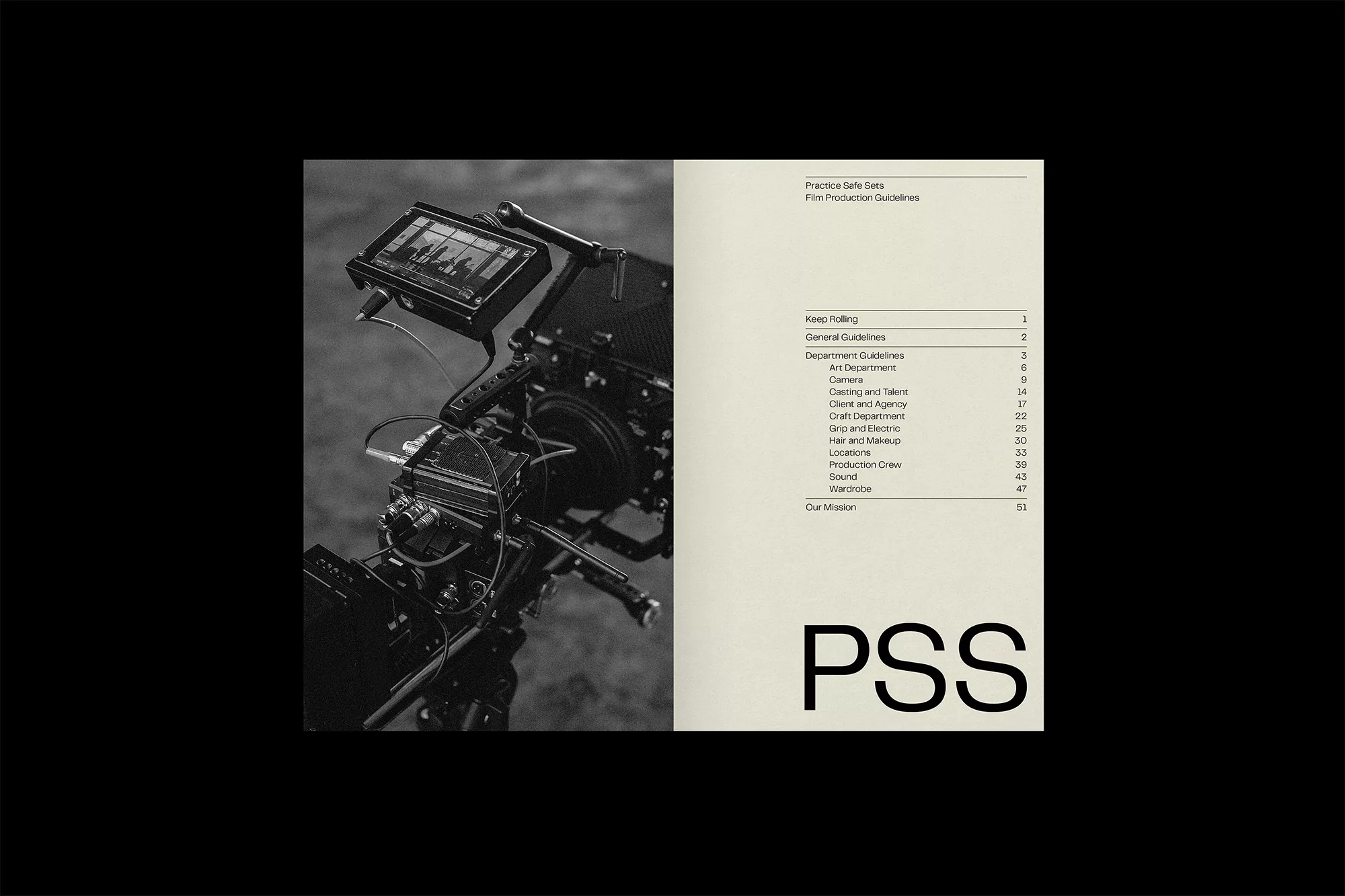 Film production guidelines: a close-up of a professional camera next to a document with film production guidelines and information, shot in monochrome.