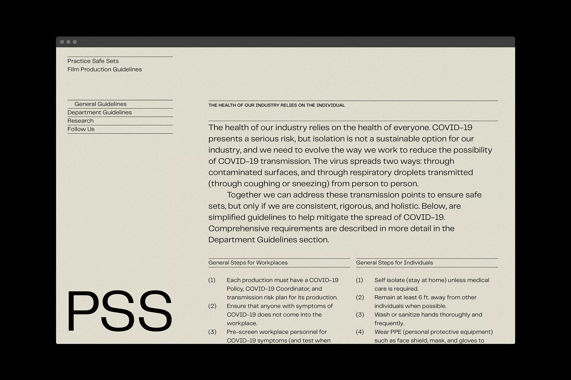 Practice Safe Sets film production guidelines with sections for general guidelines, steps for workplaces and individuals re: COVID-19.