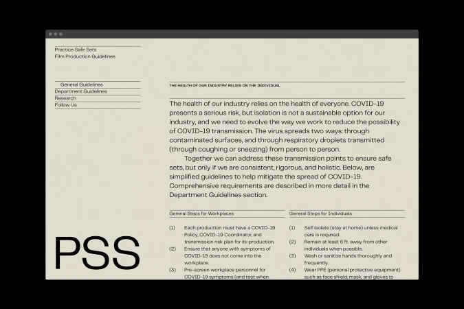 Practice Safe Sets film production guidelines with sections for general guidelines, steps for workplaces and individuals re: COVID-19.