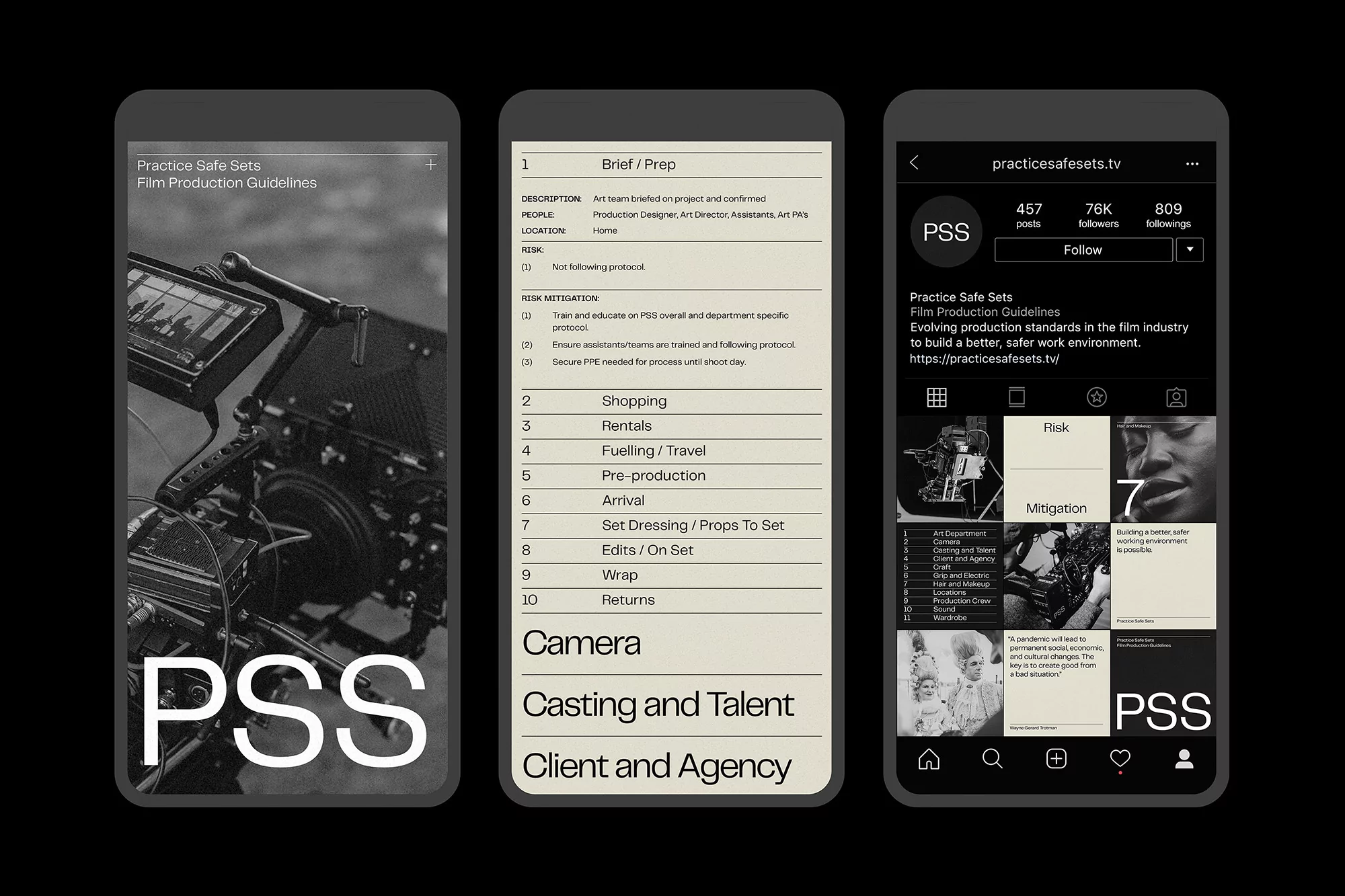 Three phone screens display film production guidelines, including risk mitigation and camera settings, against a stark black backdrop.