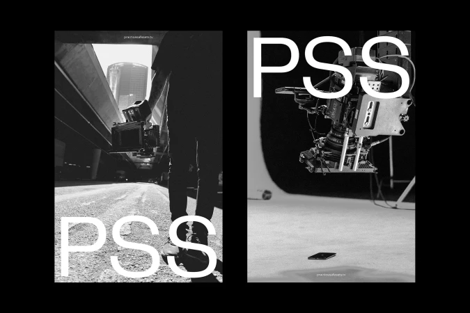 Black and white split-screen featuring a camera operator under a bridge and a film camera mounted on a studio stand with dark backdrop.