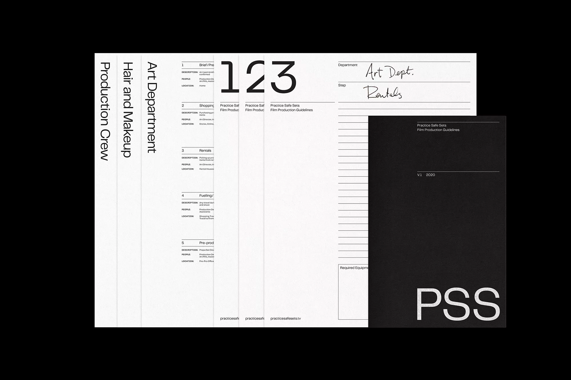 Image of pre-production documents including art department paperwork and practice safe sets film production guidelines on a black background.