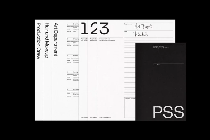 Image of pre-production documents including art department paperwork and practice safe sets film production guidelines on a black background.