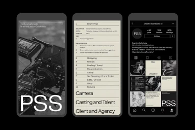 Mockups of mobile phone screens displaying the PSS Brand Identity guidelines and interface layout with clean typography.