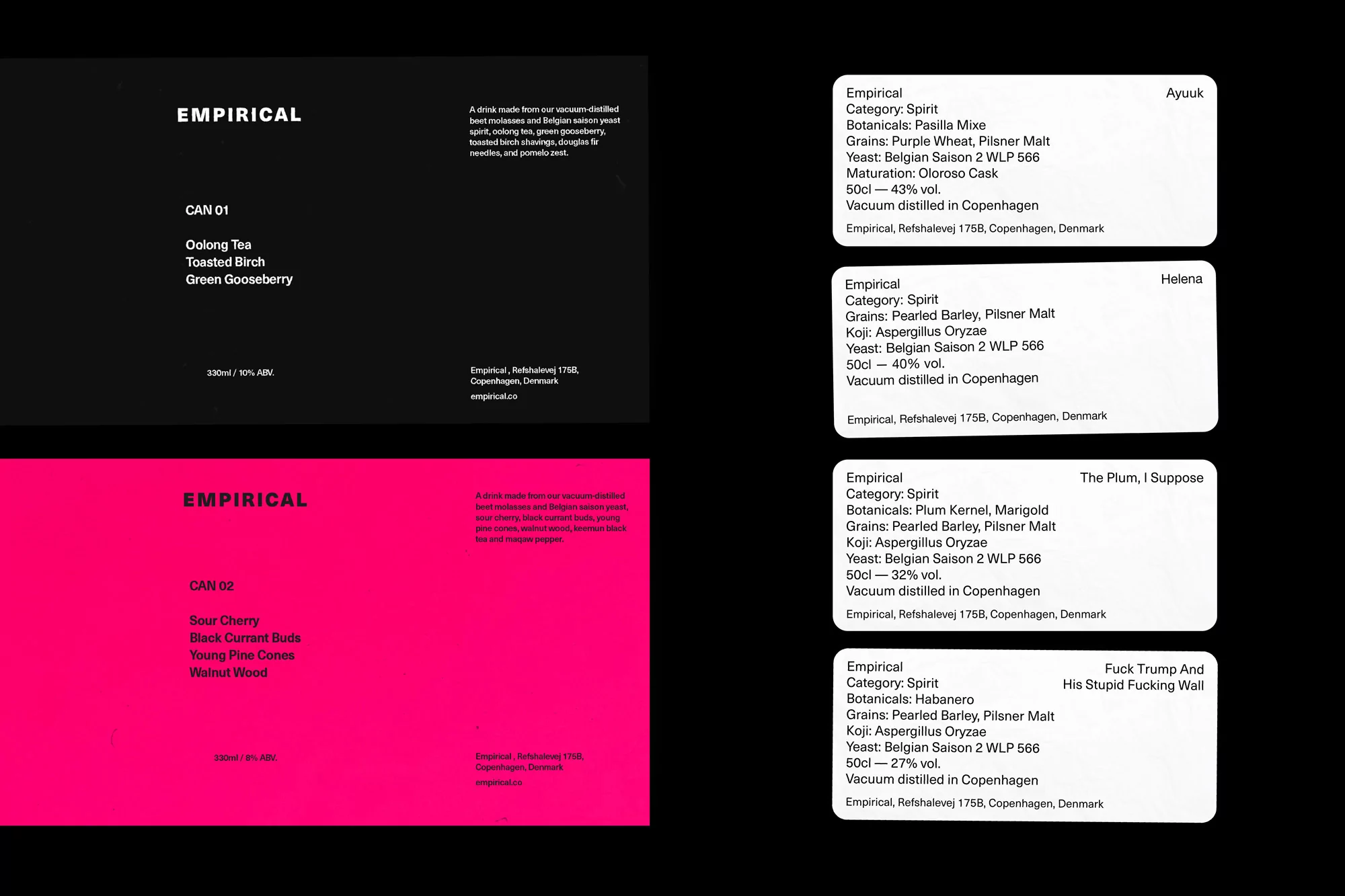 Four Empirical canned spirits shown with their labels on display against black and pink backdrops. The image highlights the drinks' unique botanicals.