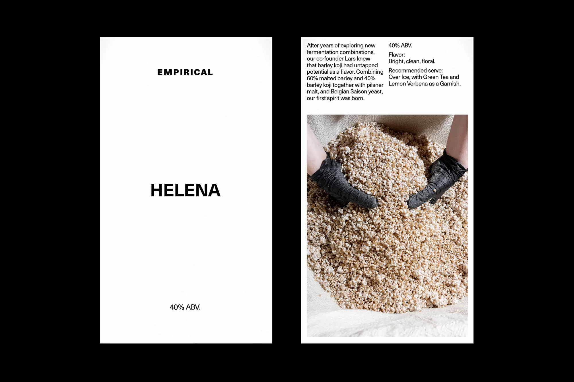 Promotional still of Empirical's Helena spirit featuring black text on a white label, and a pile of koji with black-gloved hands.