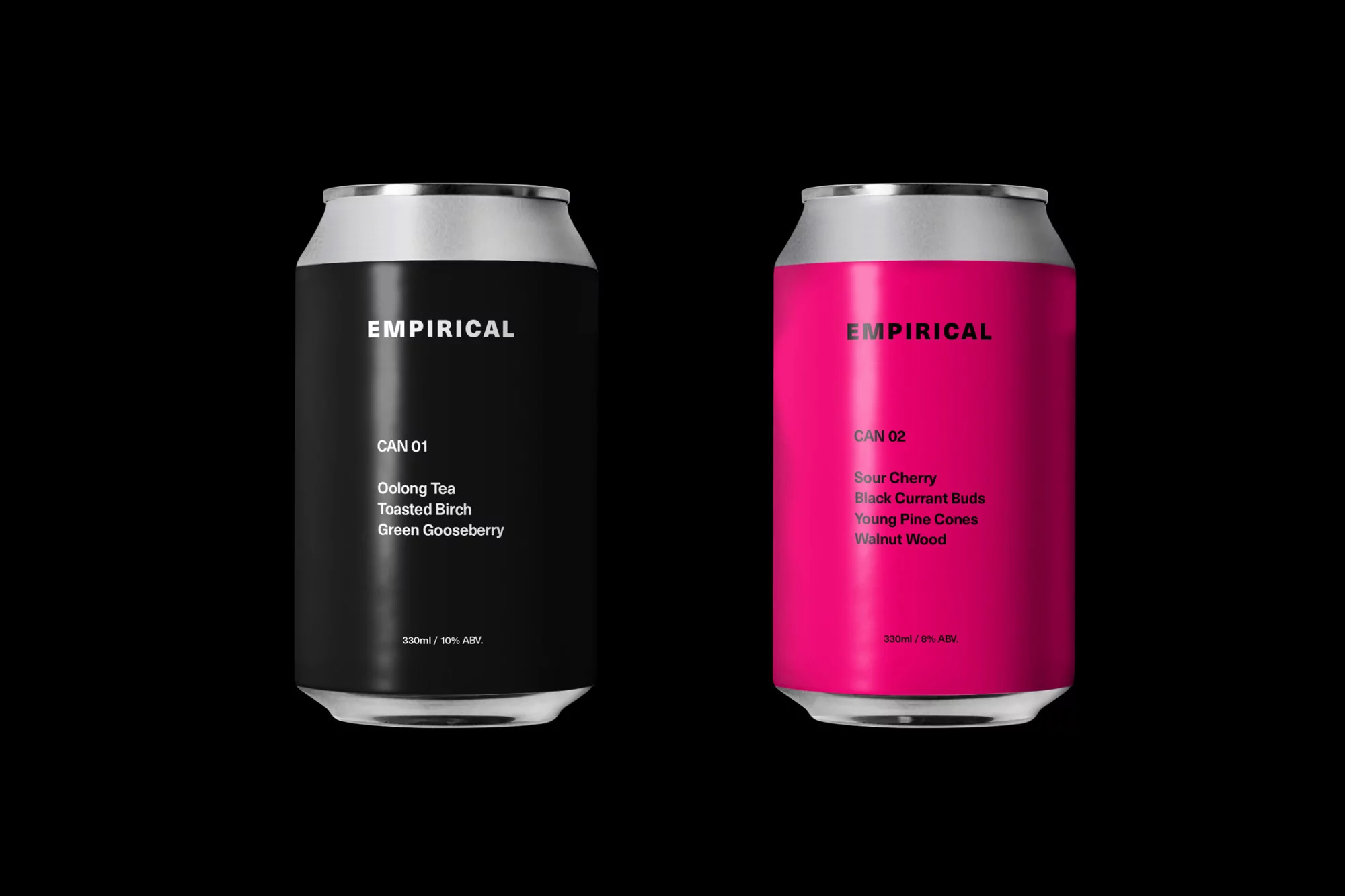 Two cans of Empirical drinks are centered against a black backdrop, showcasing minimalist design and contrasting black and vibrant pink colors.