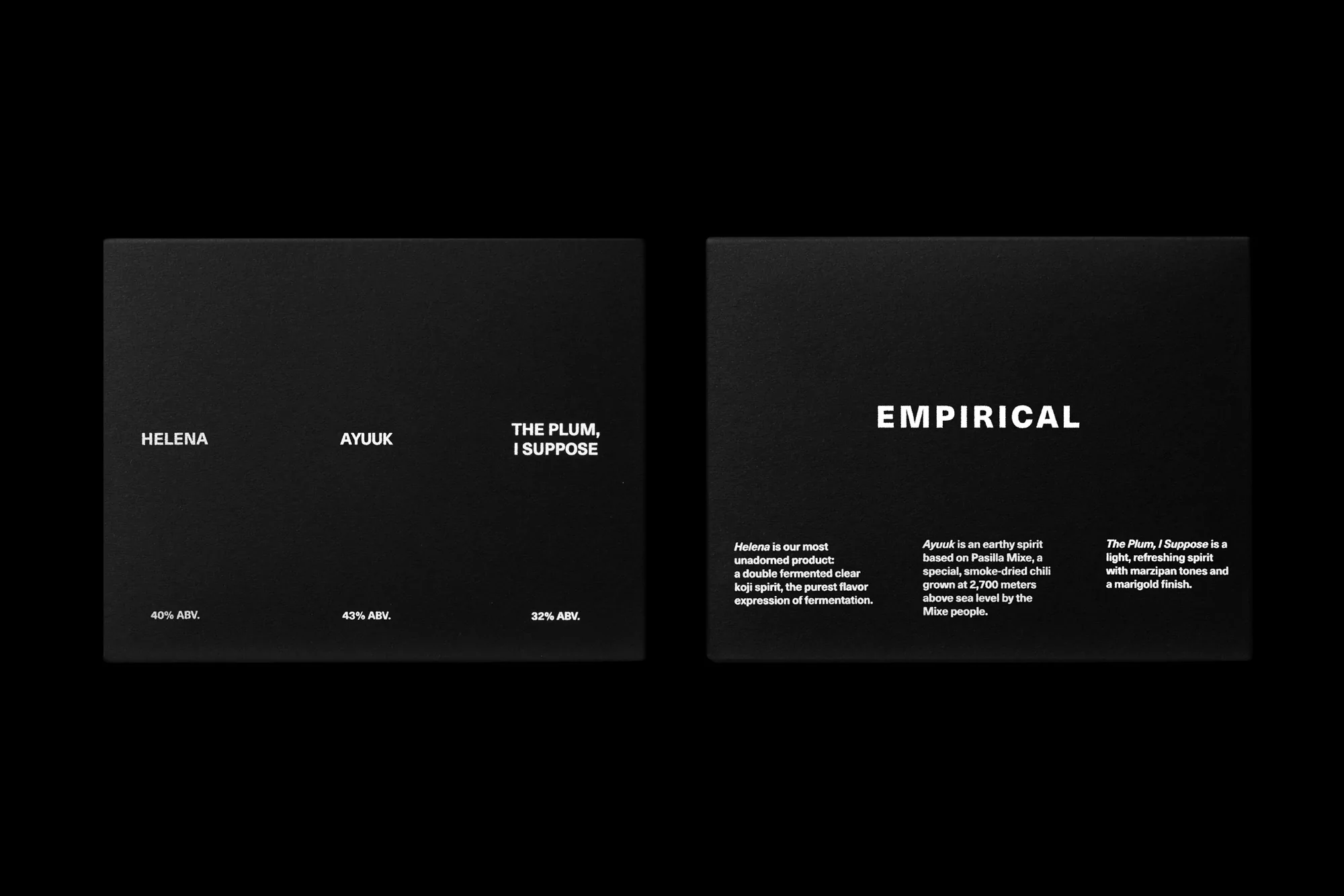 Two dark-colored spirit boxes featuring product names, flavor details, and brand EMPIRICAL, set against a black background.