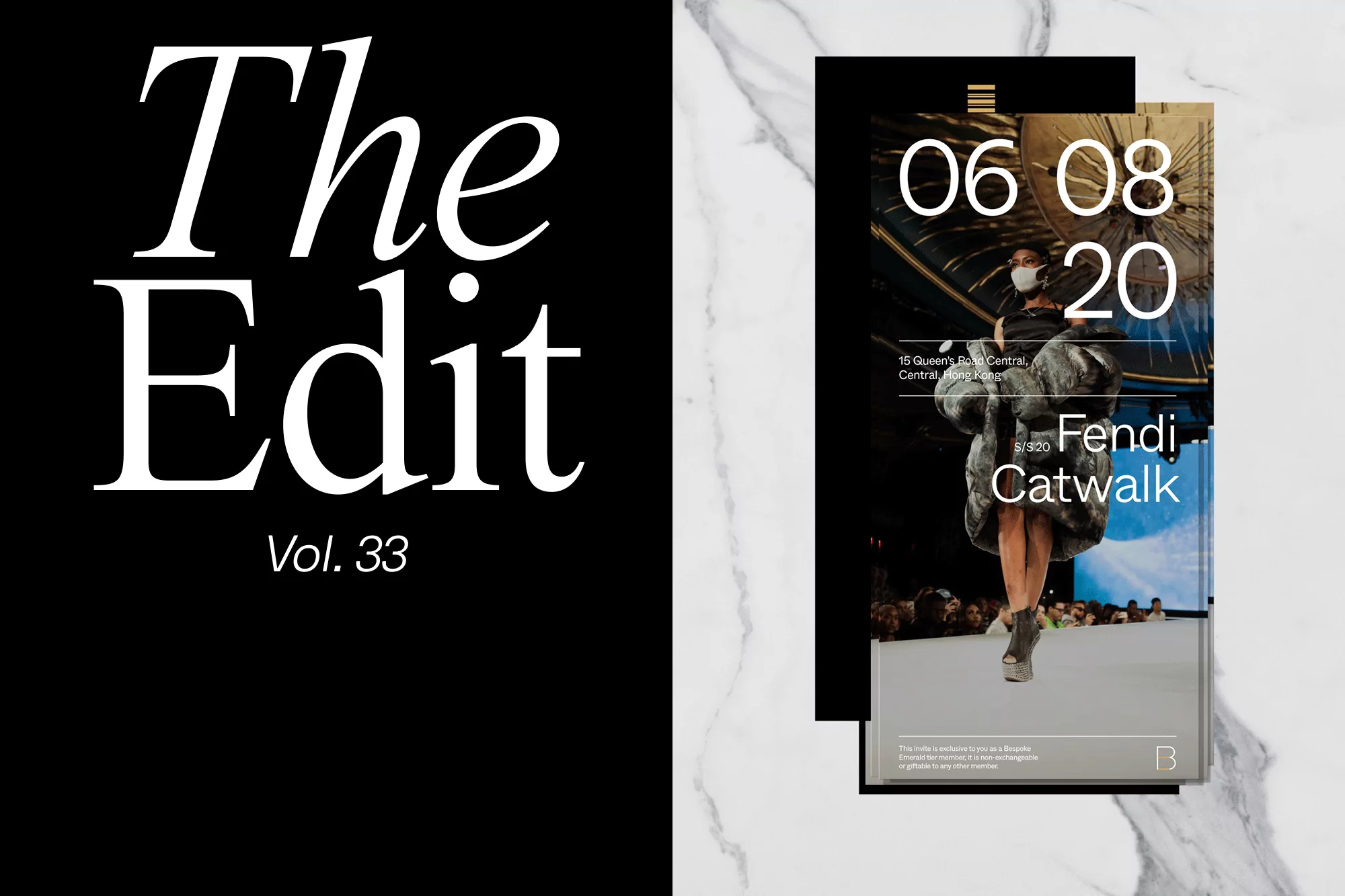 Fashion editorial featuring model in a Fendi fur coat walking a catwalk, showcased in a magazine-style layout with graphic text on a marble background.