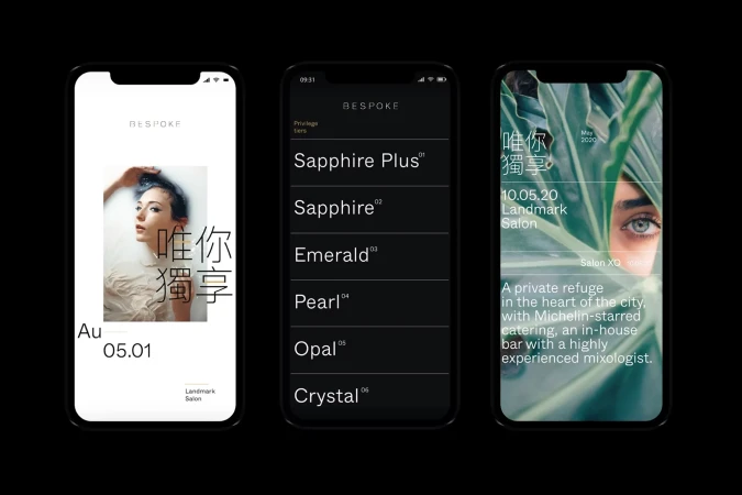 Three phone screens display app for salon services, featuring model, service tiers, and leafy eye closeup on dark background.