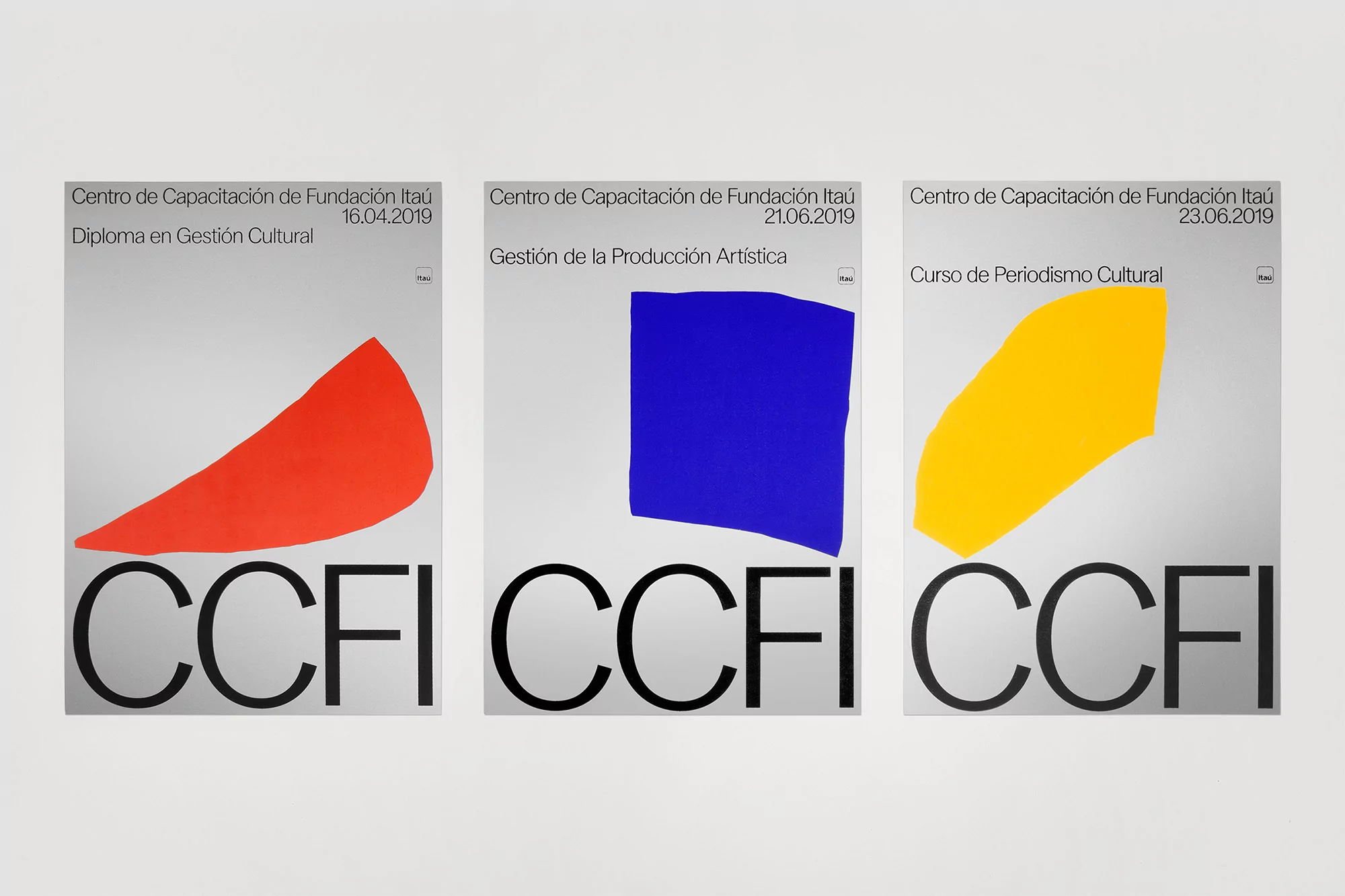 Three educational posters for Fundación Itaú cultural courses: Cultural Management Diploma, Artistic Production Management, and Cultural Journalism Course.