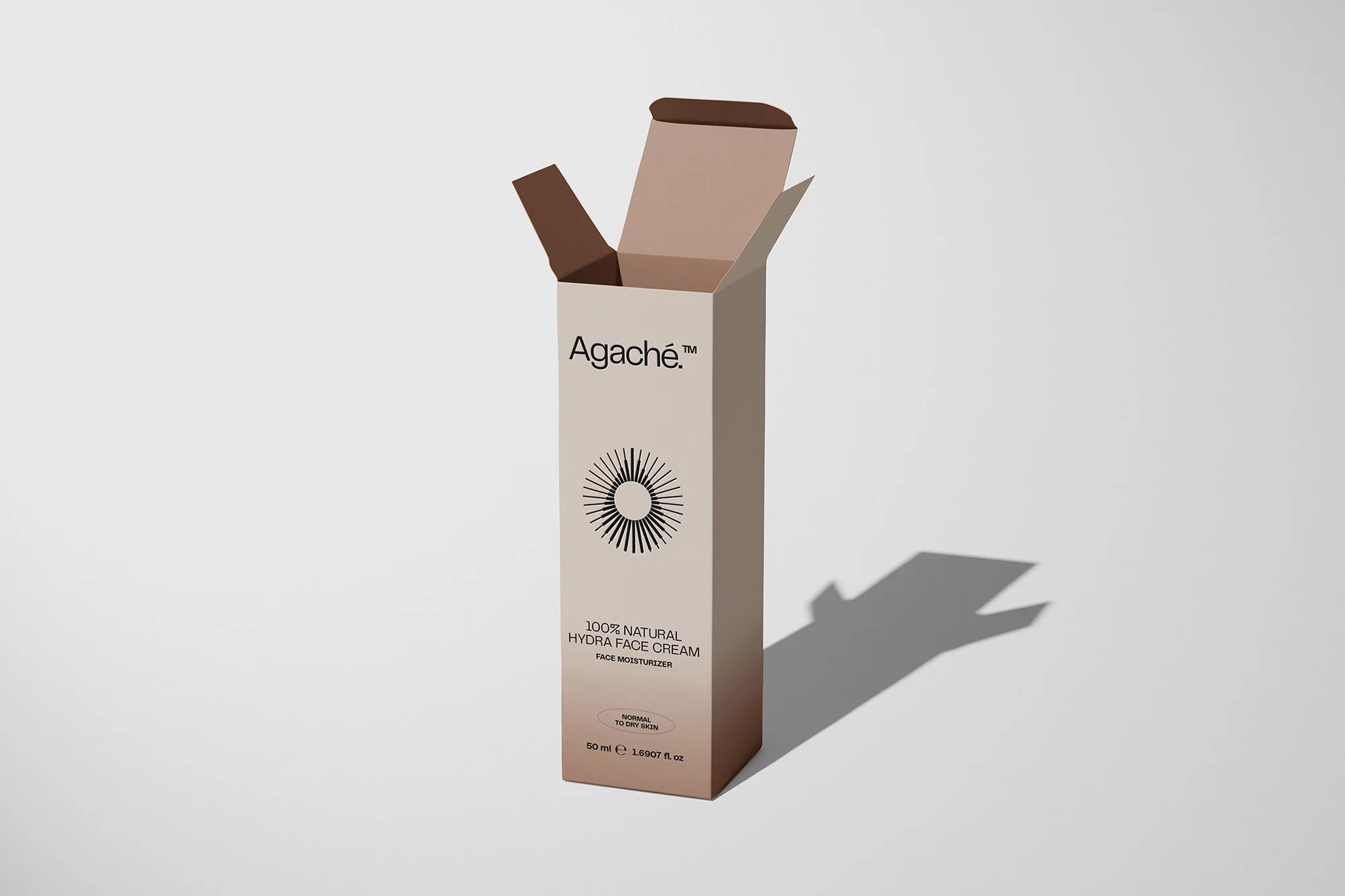 Open Agache branded 100% natural hydra face cream paper box packaging against a plain white background in a studio product shot.
