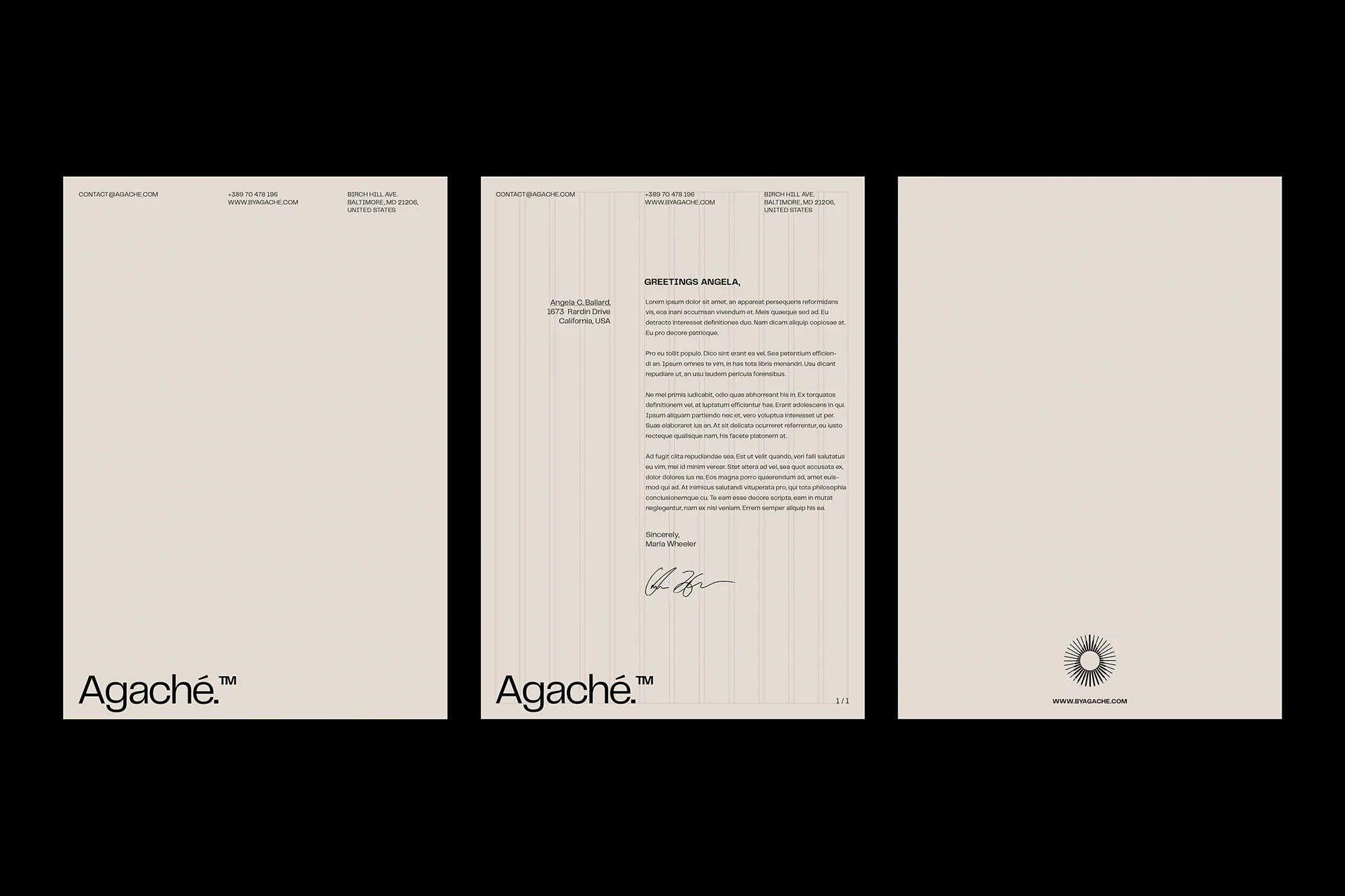 Three letterhead designs for Agache featuring the company logo, contact information, and a minimalist design aesthetic.