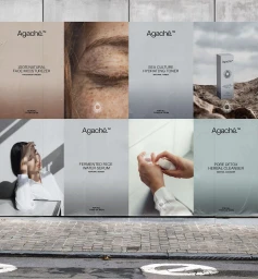 Agache skincare brand identity featuring product packaging panels and lifestyle photography pasted on a city street wall