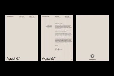 Agache brand identity stationery layout showing letterhead, correspondence sheet with grid lines, and branded envelope back.