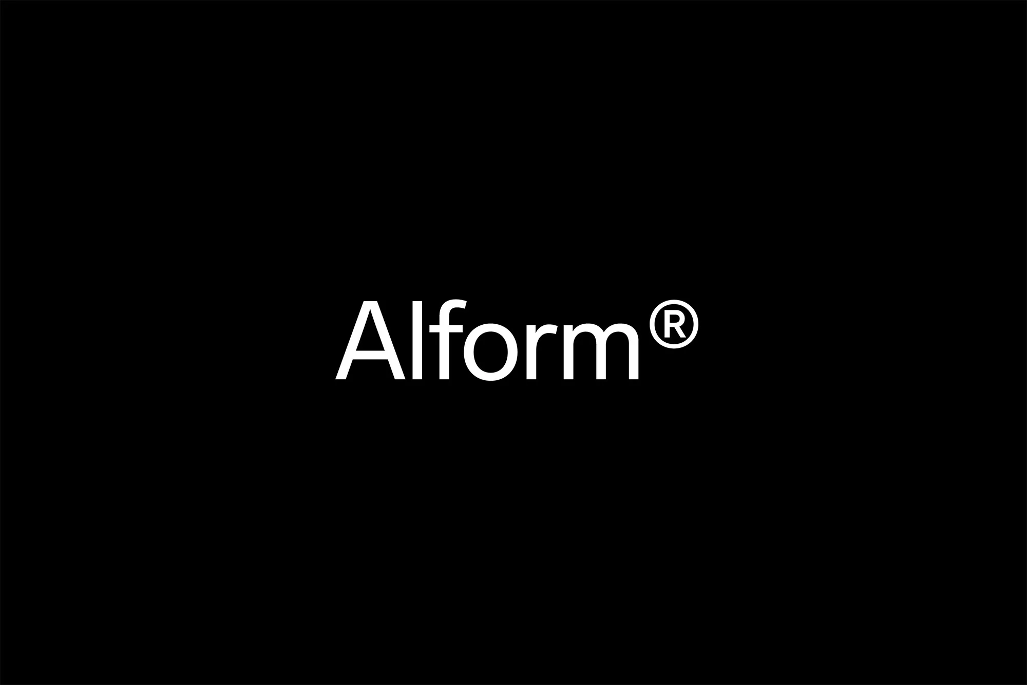 Alform brand logo on a black background. Minimalist image with white text featuring the company name prominently displayed.